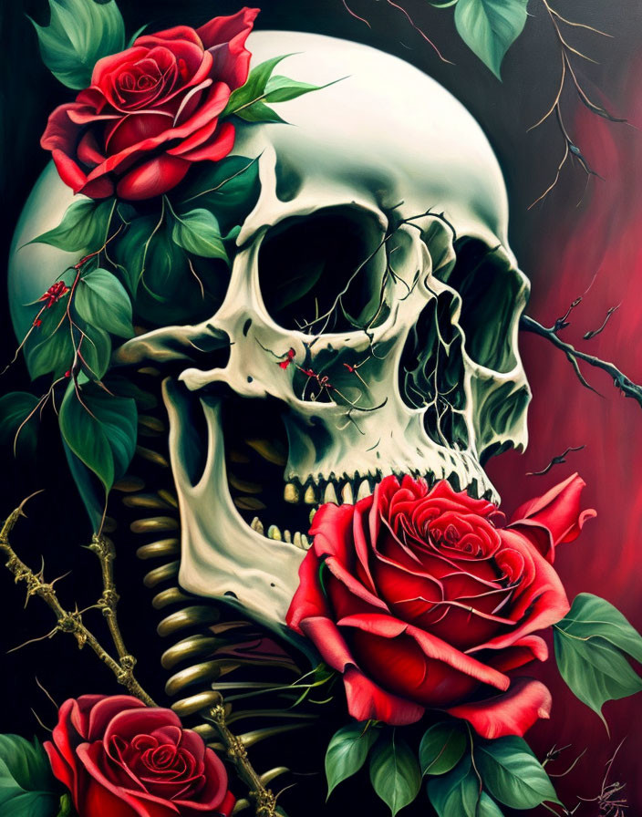 Detailed Human Skull with Red Roses and Green Vines on Dark Background