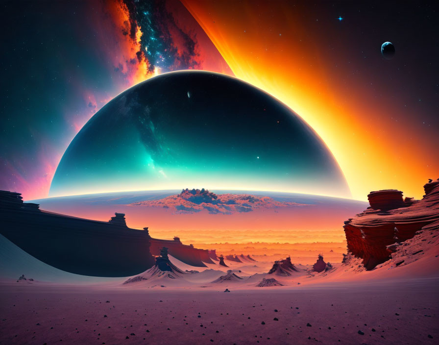 Surreal sci-fi landscape: giant planet, desert, rock formations, star-filled sky.