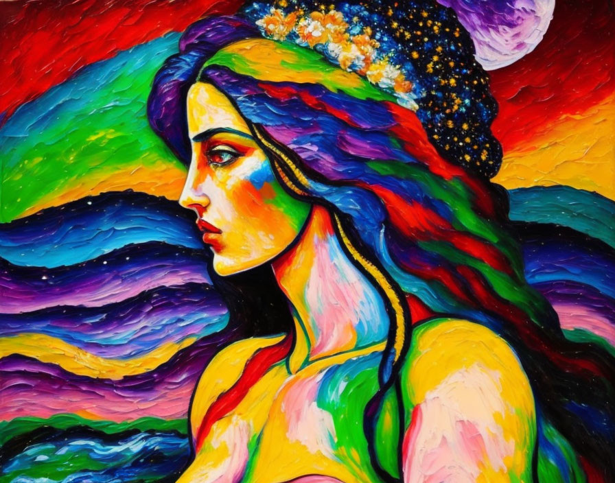 Vibrant painting of a woman with multicolored hair and flower crown on rainbow backdrop