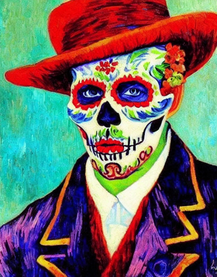 Skull-faced figure in Dia de los Muertos makeup with red hat and suit