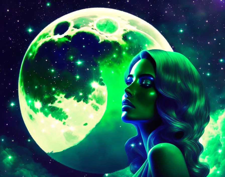 Digital artwork: Woman with green-tinted skin under luminous moon