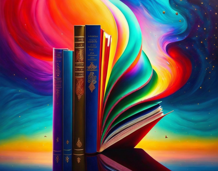 Colorful cosmic landscape emanating from book pages with elegant hardcovers