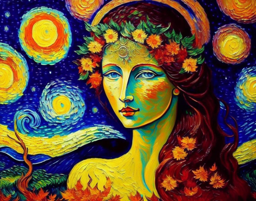 Colorful painting of woman with floral crown and swirling patterns reminiscent of Starry Night.