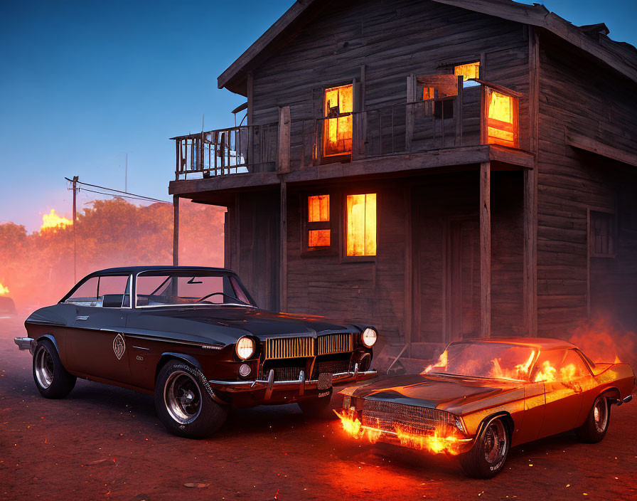 Vintage cars parked in front of old wooden house at sunset with glowing windows and smoky backdrop