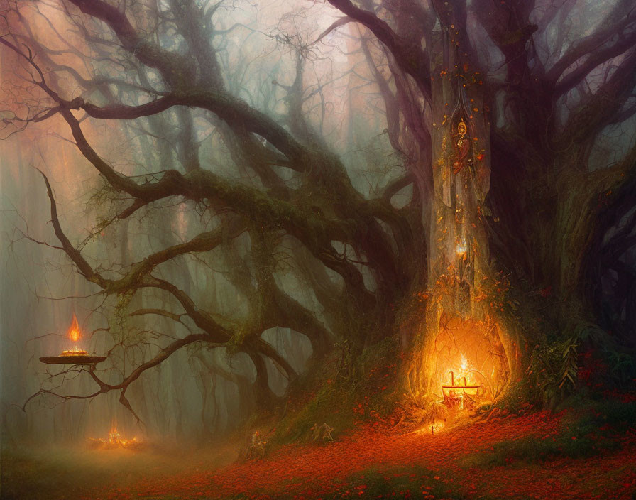 Ethereal forest scene with twisted trees and glowing lantern-lit sanctuary