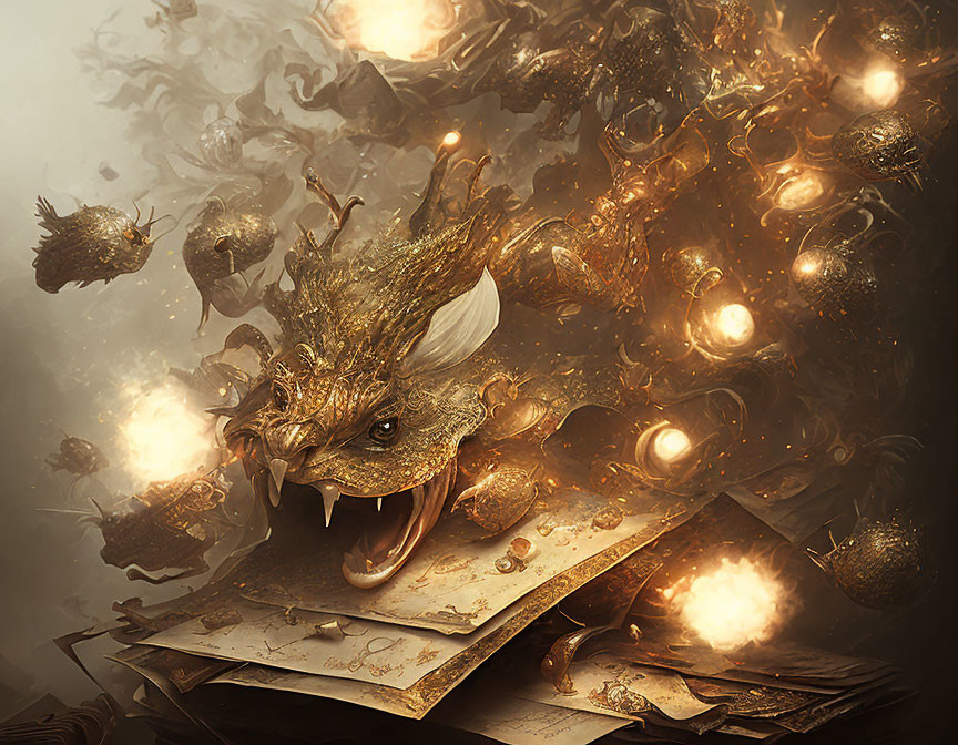 Fantastical dragon with glowing orbs, ancient scrolls, and ethereal fish in golden-hued setting