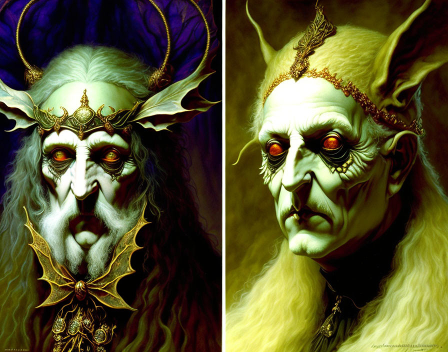 Fantasy portraits of pale-skinned creature with pointed ears and red eyes