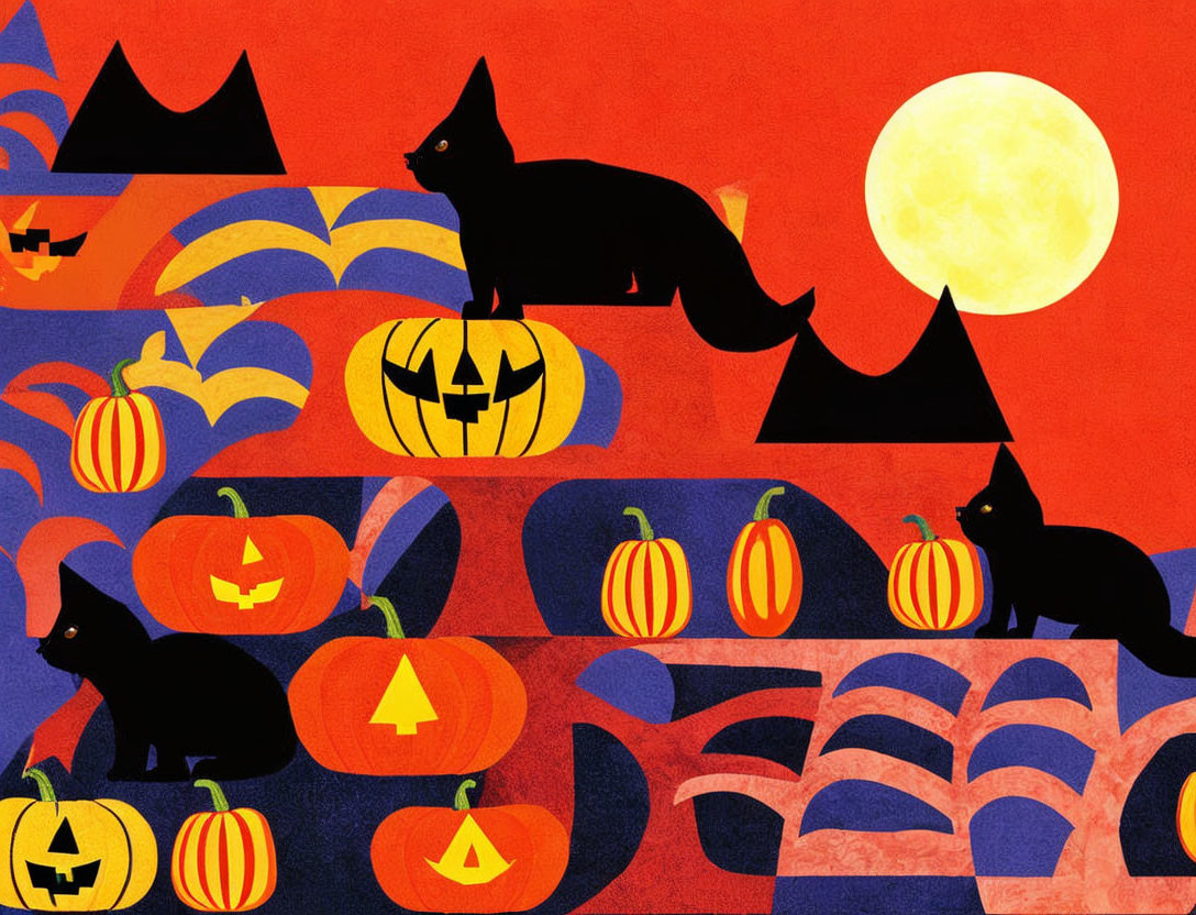 Stylized Halloween illustration with black cats, jack-o'-lanterns, wavy lines,