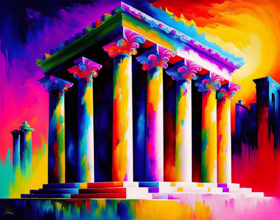 Colorful painting: Greek temple with psychedelic modern twist