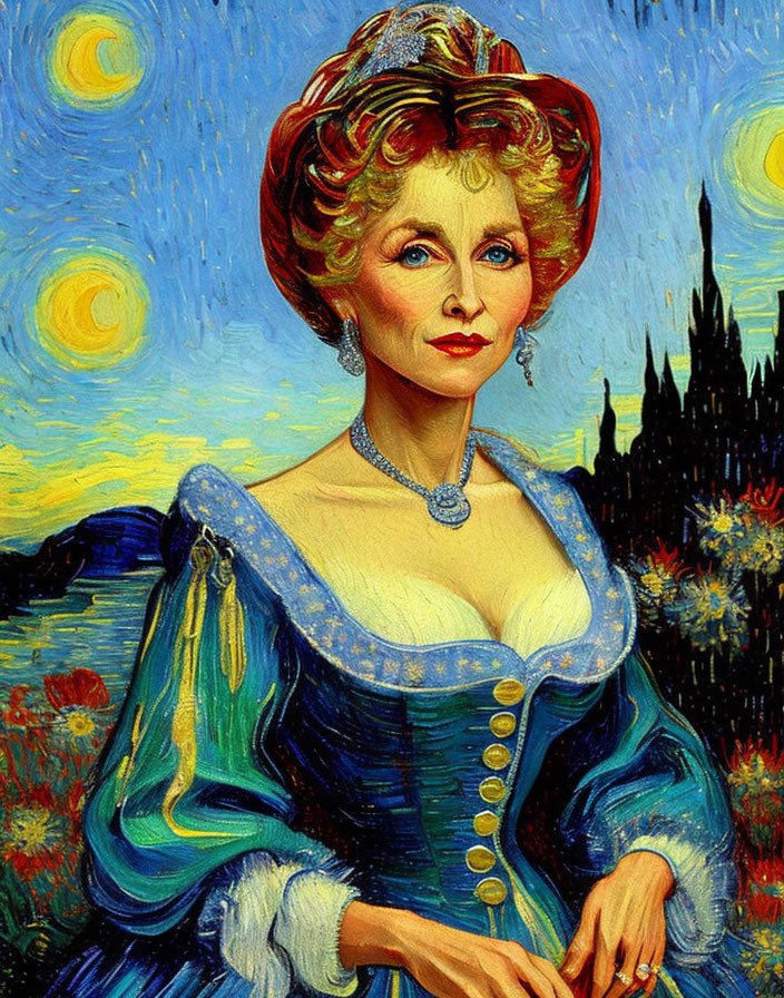 Digital artwork: Woman in blue dress merged with Van Gogh-style starry night and floral background