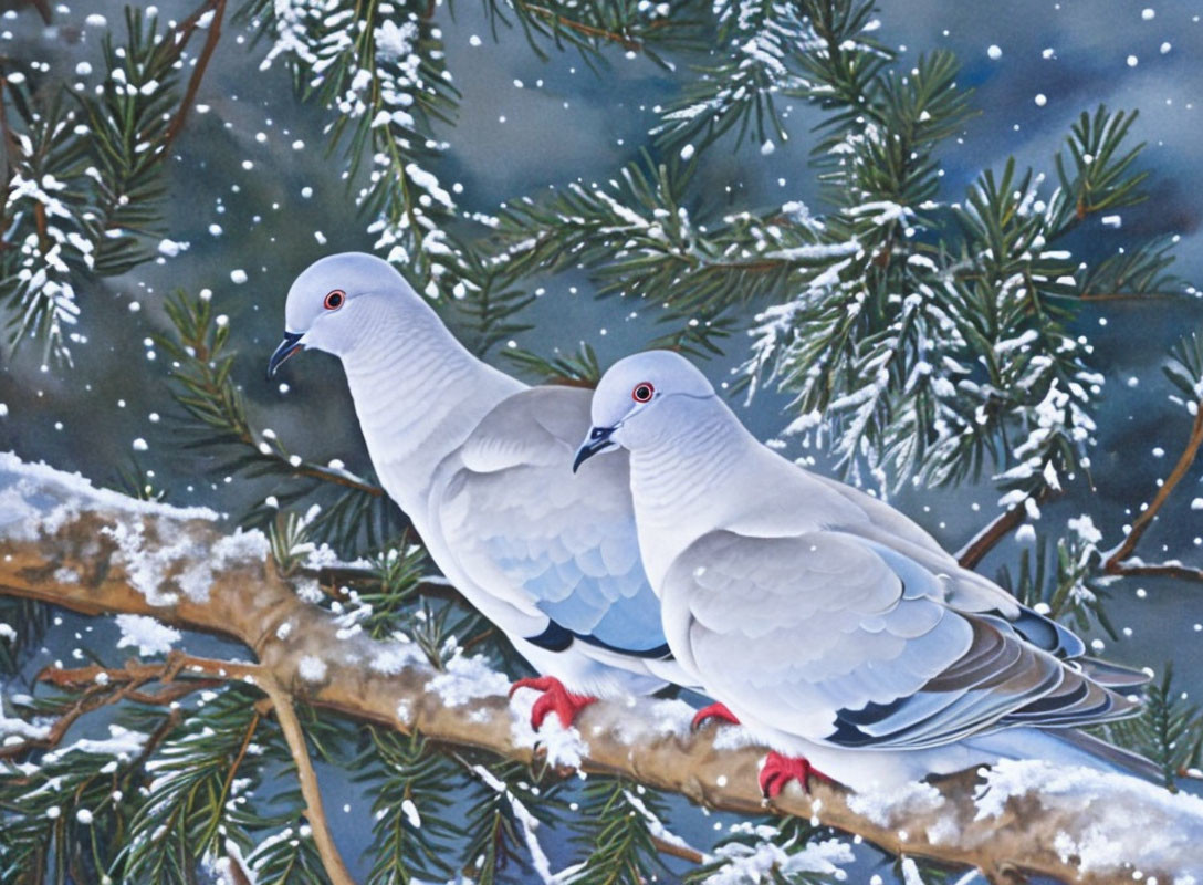 Winter scene: Two pigeons on snowy branch with pine needles.