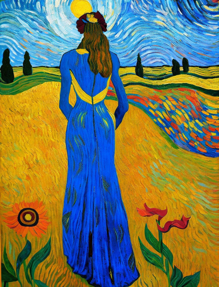 Woman in Blue Dress and Yellow Hat in Vibrant Field with Swirling Sky