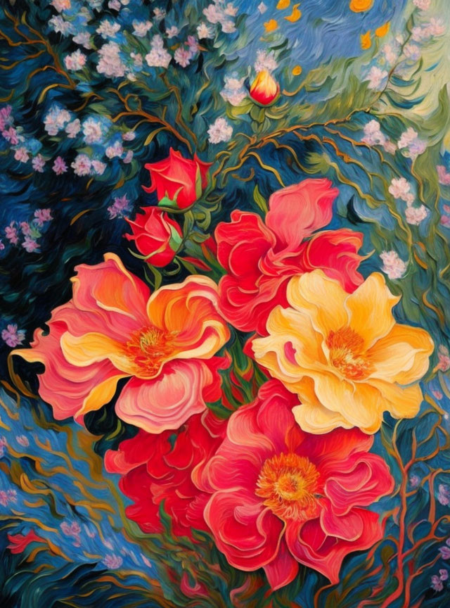 Colorful painting of red and yellow flowers in green foliage