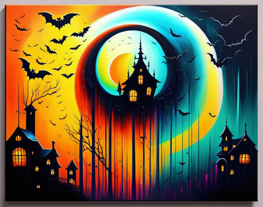 Colorful haunted house painting with moon, sky gradients, trees, and bats