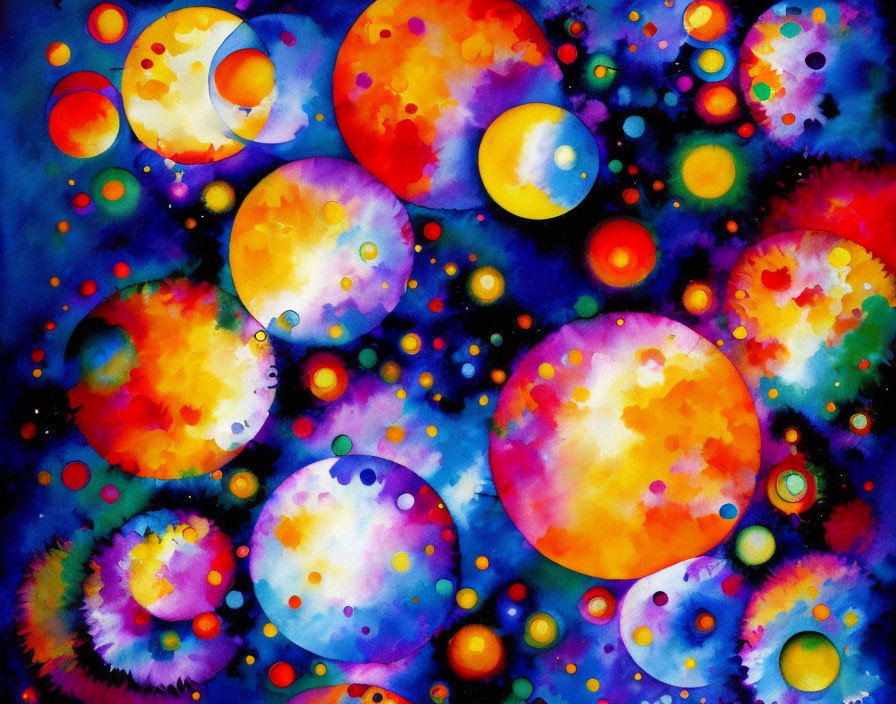 Colorful Watercolor Painting of Overlapping Circles in Cosmic Array