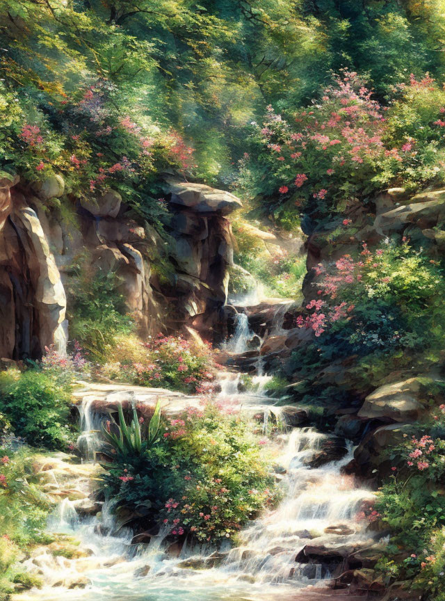 Tranquil waterfall flows through flower-filled cliffs