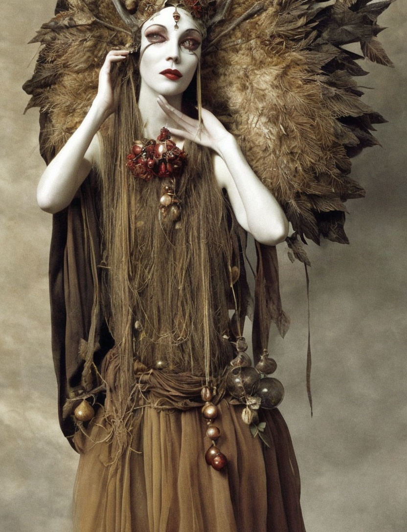 Elaborate Costume with Feathered Headpiece and Beaded Outfit