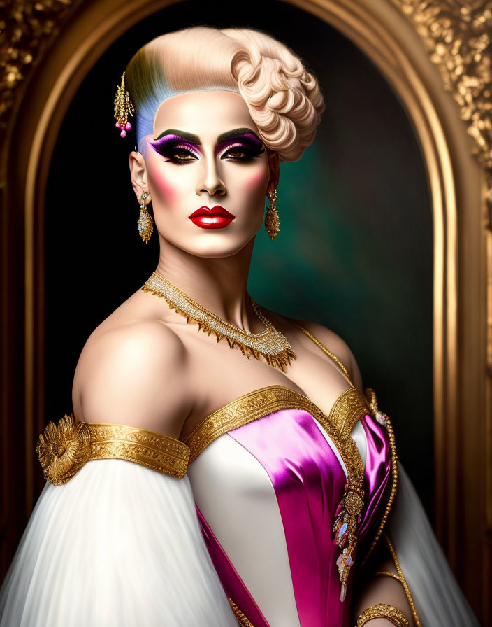 Drag queen illustration with dramatic makeup and luxurious gown in ornate golden frame