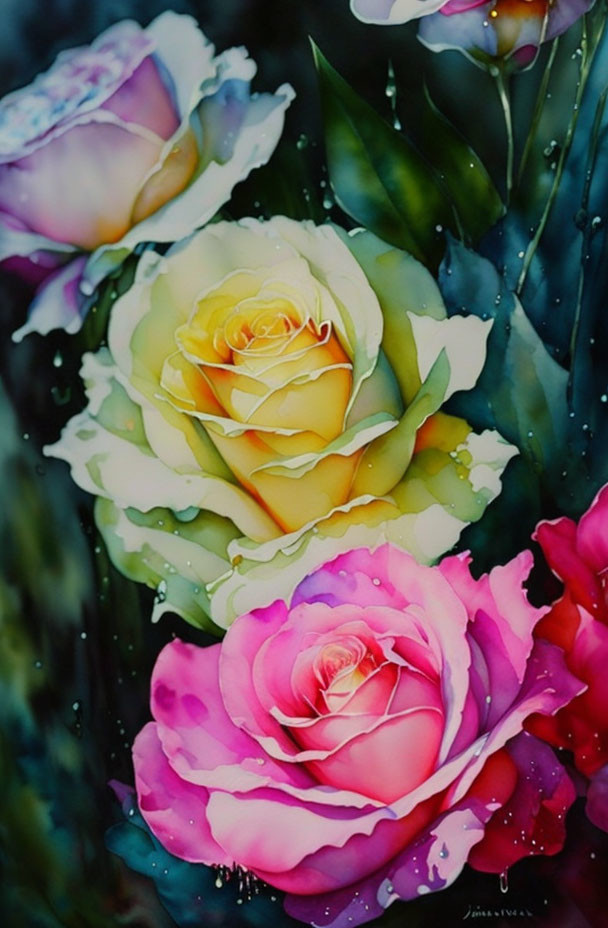 Colorful Watercolor Roses: Purple, Yellow, and Pink with Droplets on Dark Background