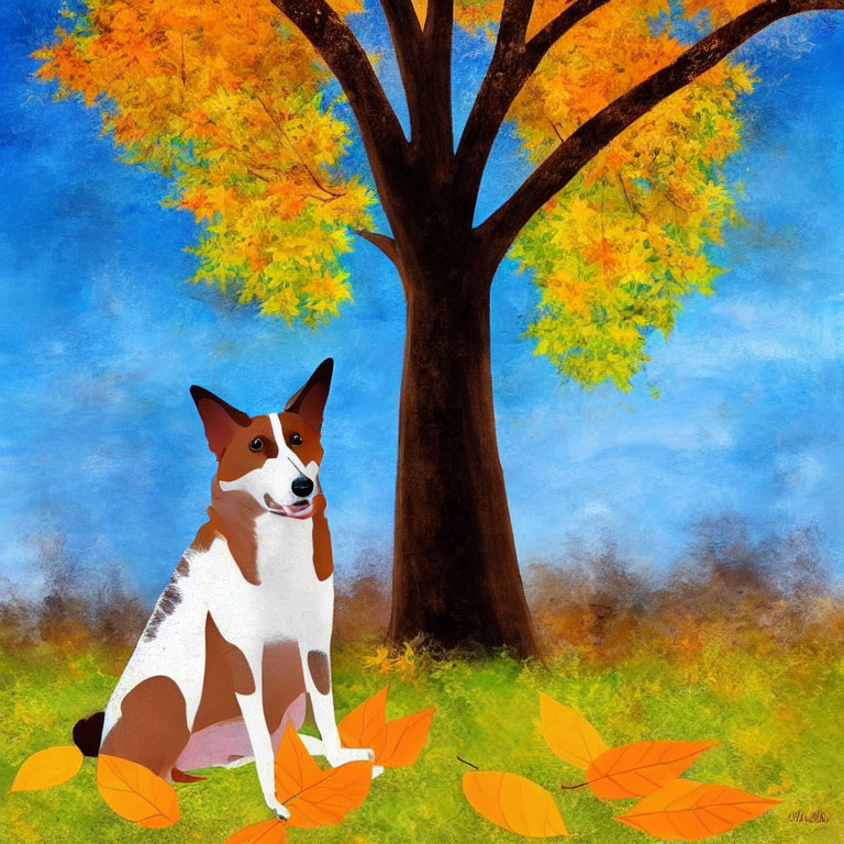 Dog sitting under autumn tree with golden leaves against blue sky