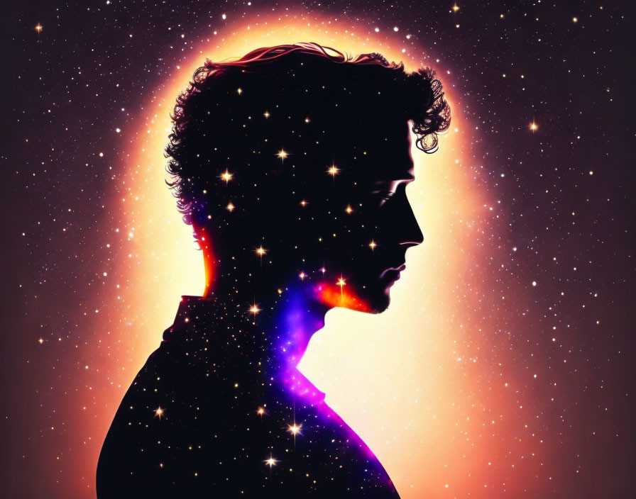 Person silhouette against cosmic background with stars and nebula colors.