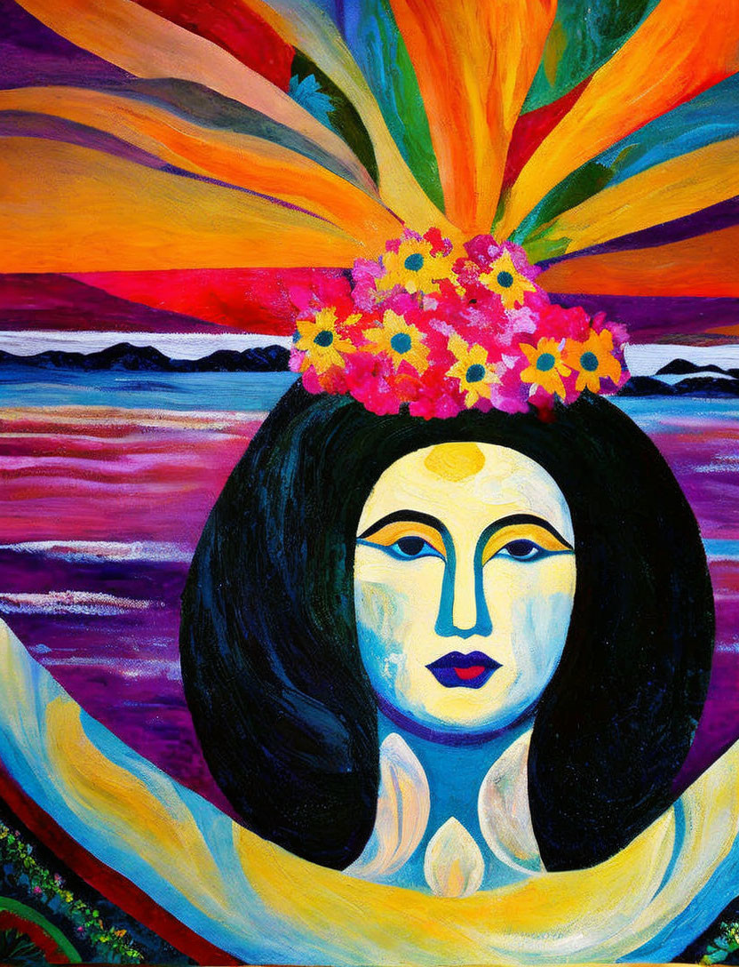 Colorful painting of woman with black hair and flower crown against sunset background.