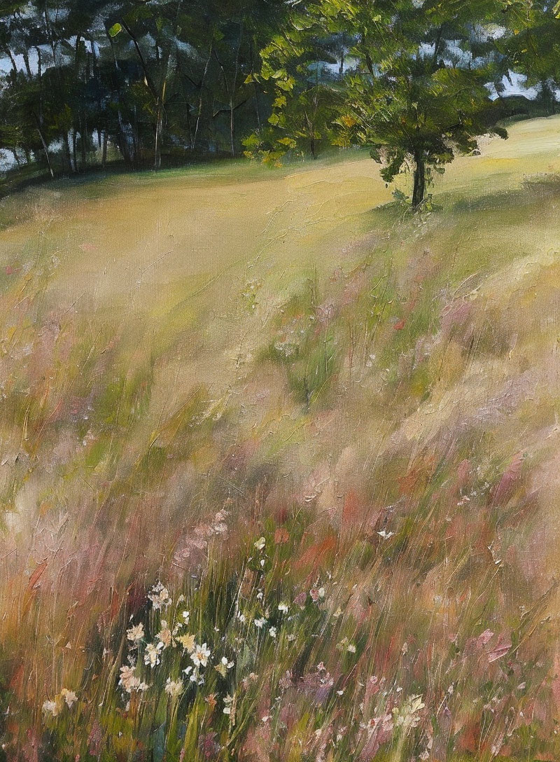 Tranquil field with wildflowers and solitary tree in oil painting