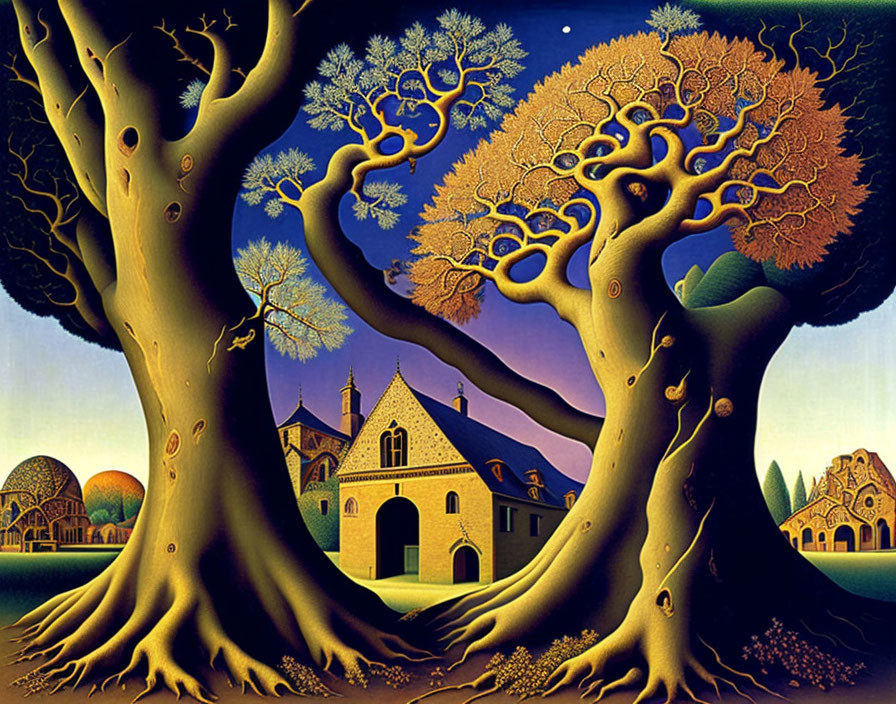 Surrealistic painting: Golden leaf trees with human-like features interlock over stylized buildings