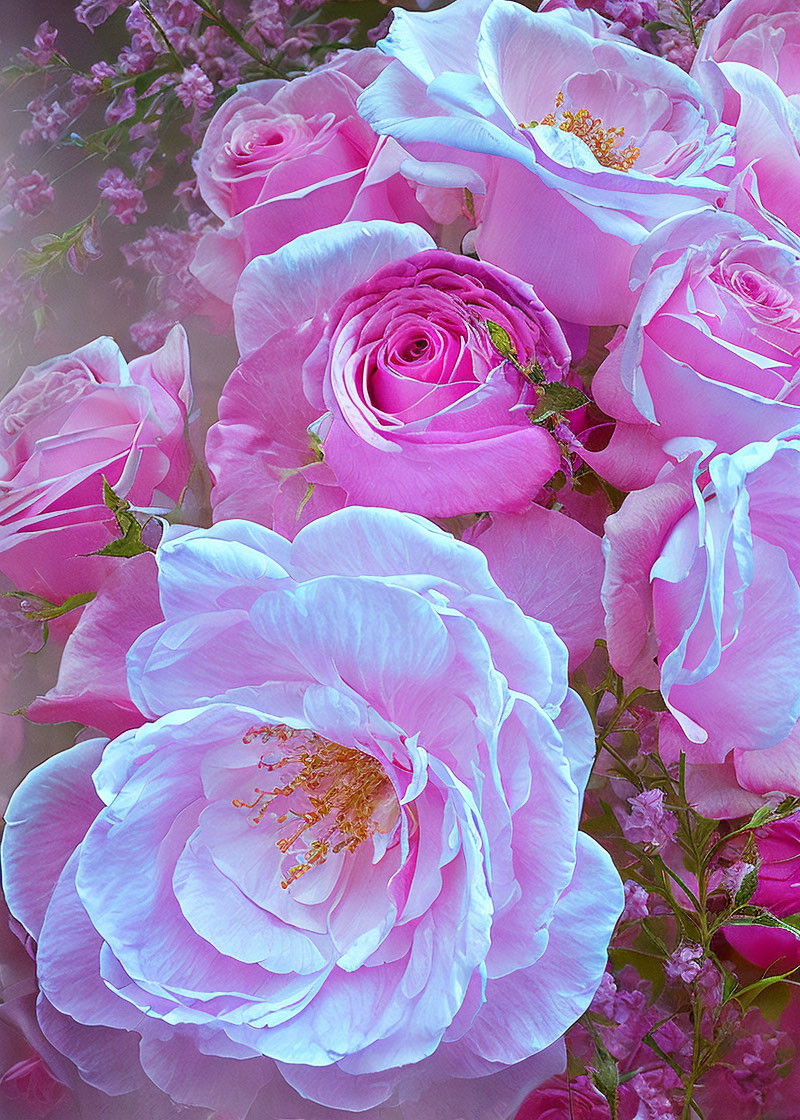 Assorted pink roses in various stages against soft pink blossoms