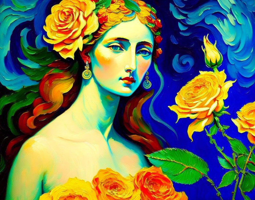 Colorful painting of woman with roses, blue swirls background