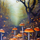 Enchanting forest scene with oversized mushrooms and falling leaves