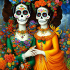 Mexican Dia de los Muertos Skeleton Figures with Colorful Floral Background