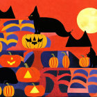 Stylized Halloween illustration with black cats, jack-o'-lanterns, wavy lines,