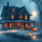 Spooky two-story house with glowing pumpkin decorations on misty night