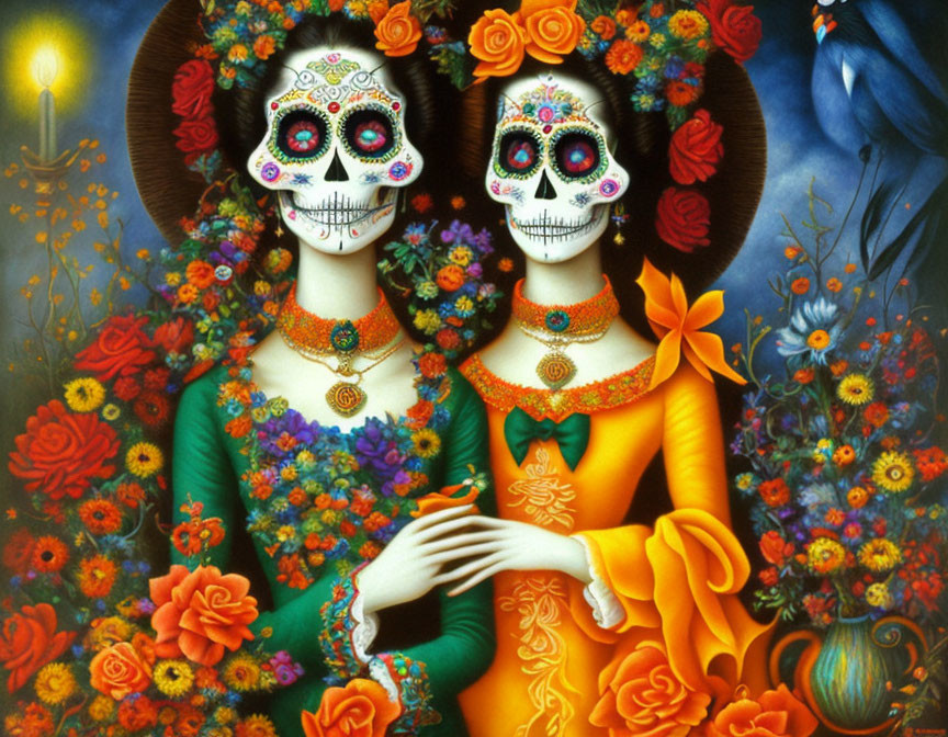 Mexican Dia de los Muertos Skeleton Figures with Colorful Floral Background