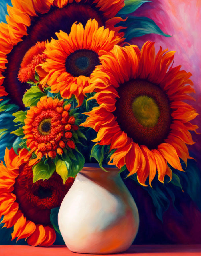 Colorful sunflower bouquet painting in white vase against warm background