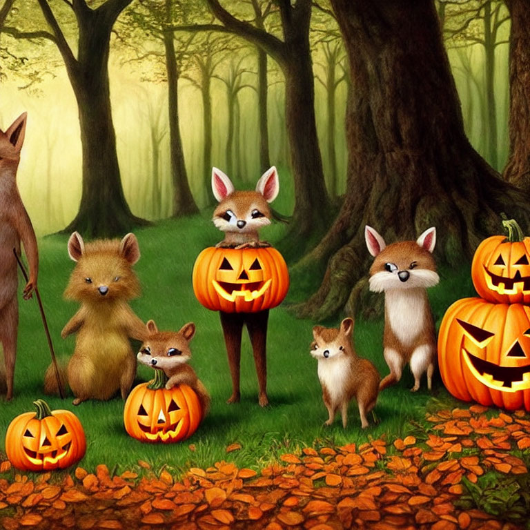 Forest scene with anthropomorphic foxes and squirrels among jack-o'-lanterns