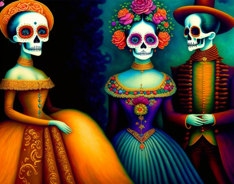 Colorful Day of the Dead skeletons in traditional Mexican attire