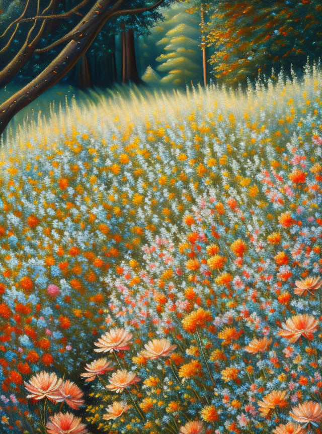 Colorful Flower Meadow Painting with Shaded Tree