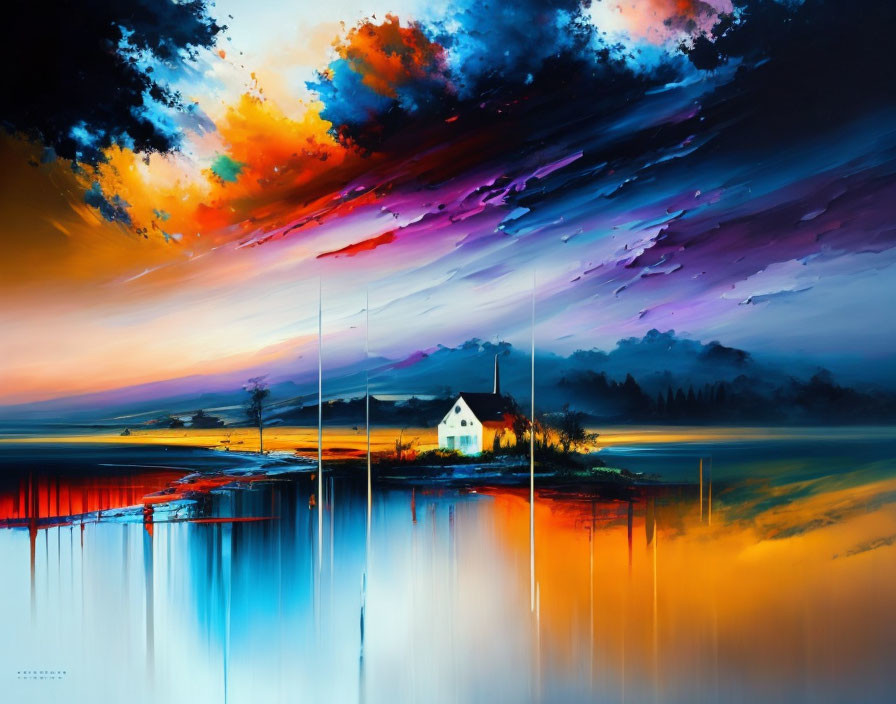 Colorful lakeside painting with solitary house under vibrant sky.