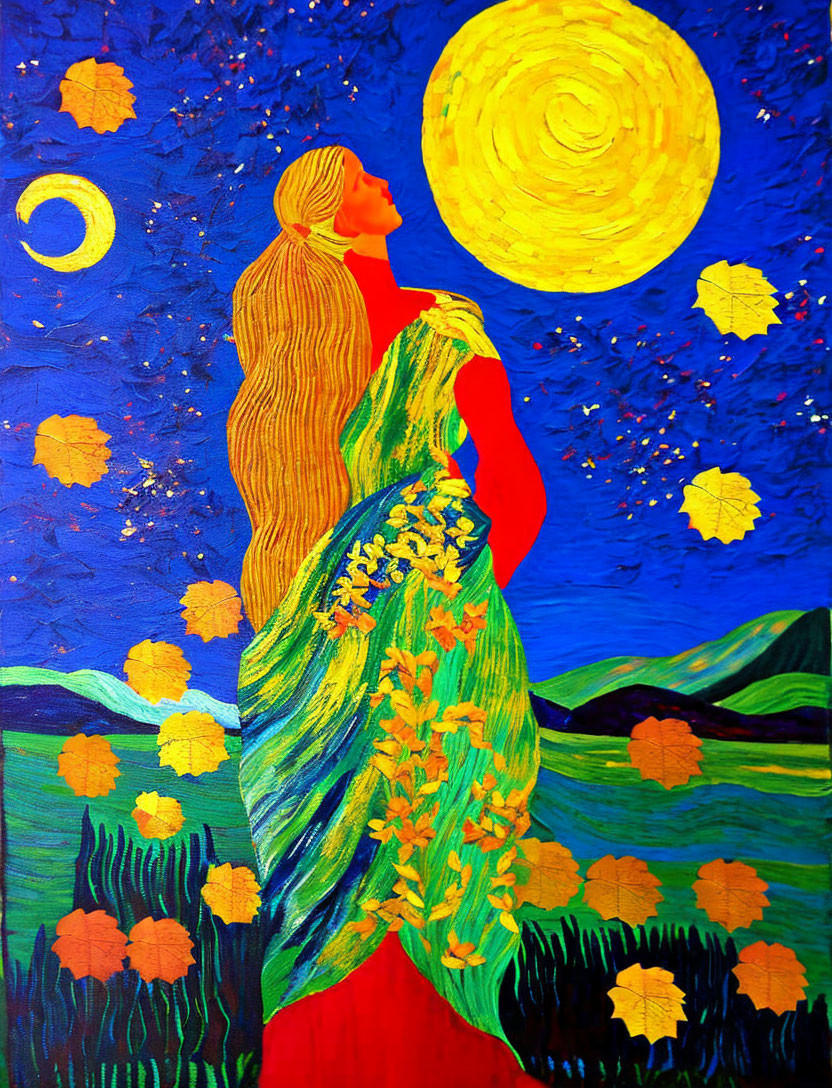 Colorful painting of woman under yellow moon in starry sky.