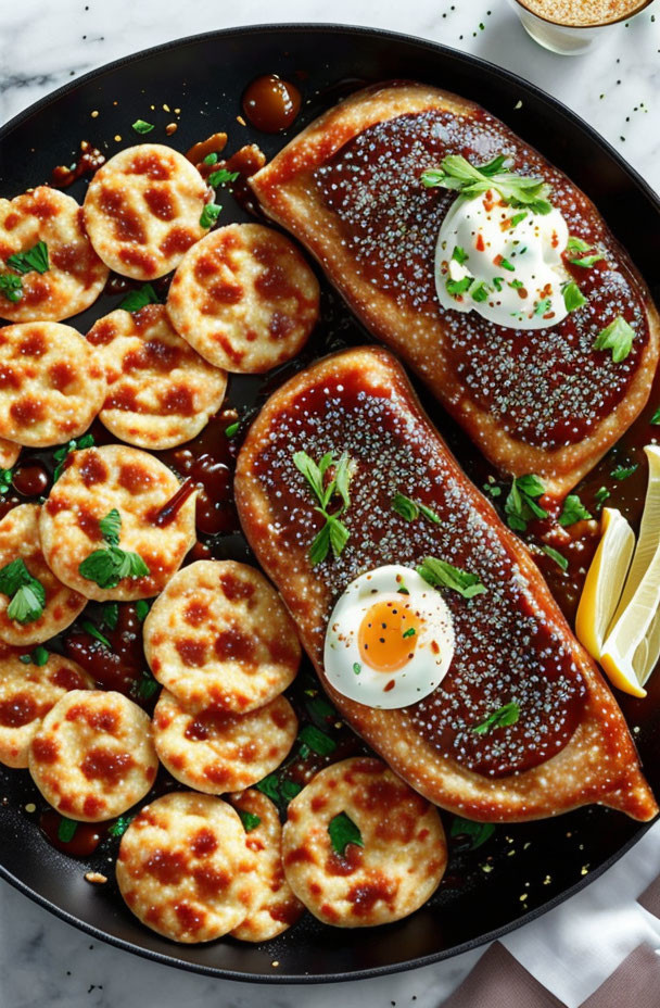 Fried Eggs, Grilled Sausages, Mini Pancakes, Herbs, and Sesame