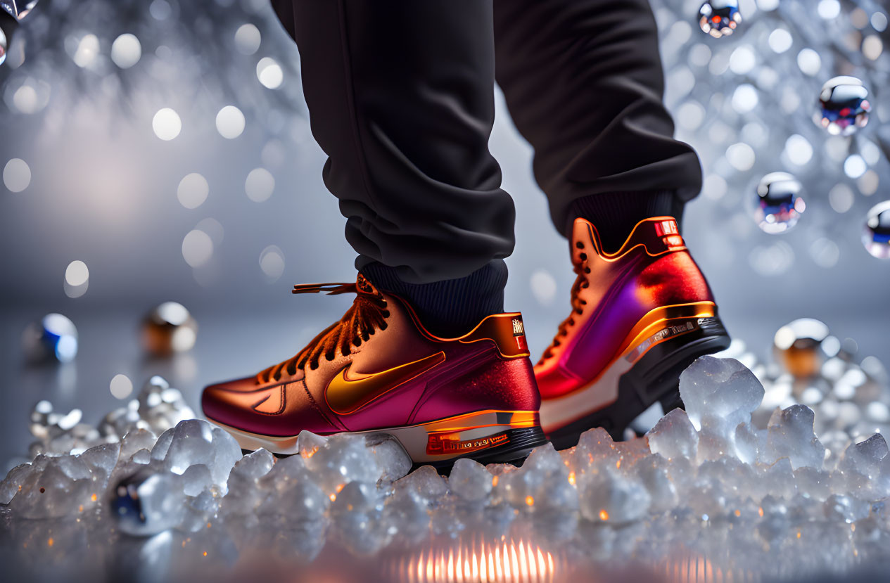 Vibrant Red and Orange Sneakers on Ice with Sparkling Background