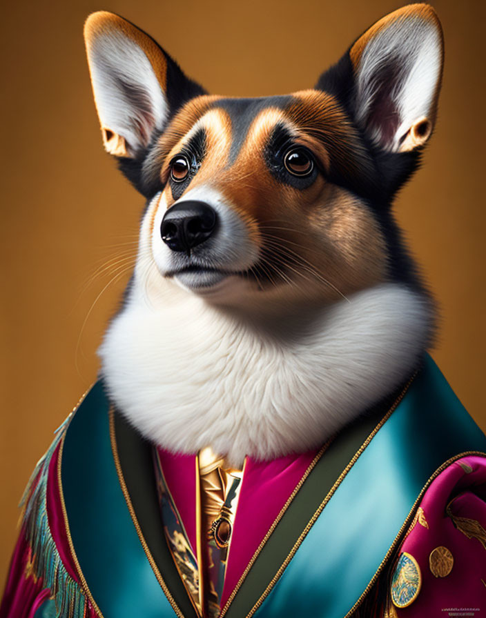 Digital portrait of Corgi in human attire against warm backdrop