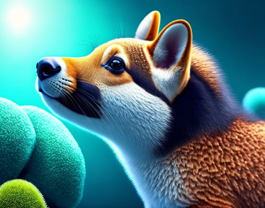 Colorful Digital Artwork: Exaggerated Corgi with Fluffy Green Spheres