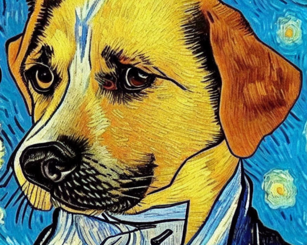 Digitally altered image of a dog in human clothing on Van Gogh-esque background