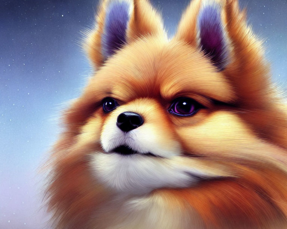 Whimsical Pomeranian Illustration with Sparkling Eyes on Starry Background