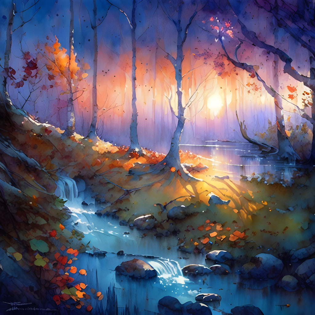 Vibrant autumn forest scene at dusk with tranquil stream