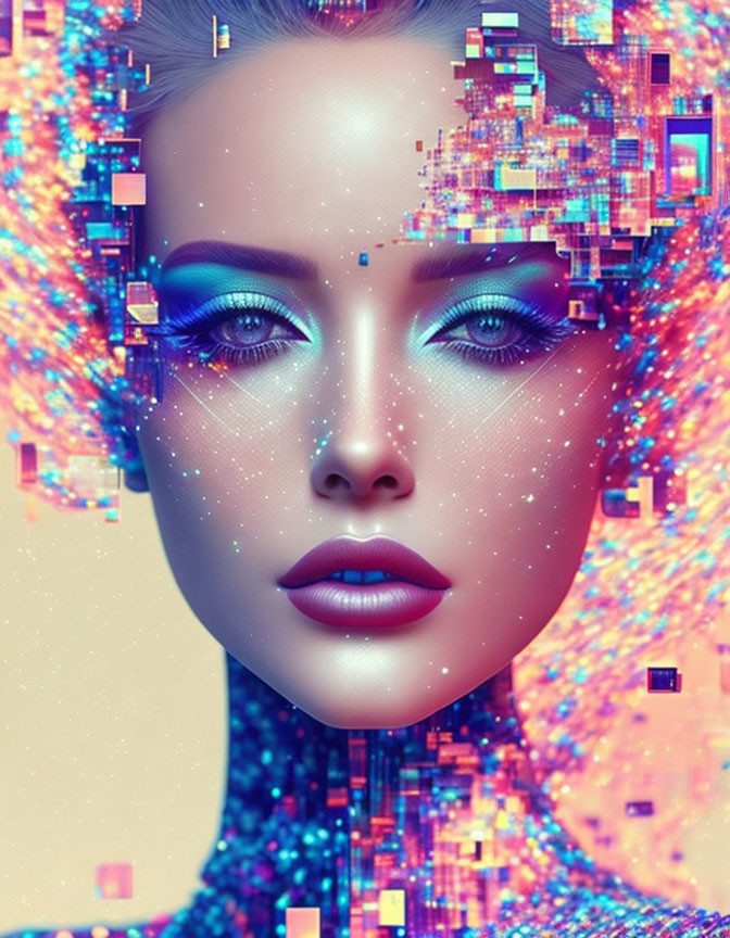 Vibrant Pixelated Hair Portrait with Pink and Blue Tones