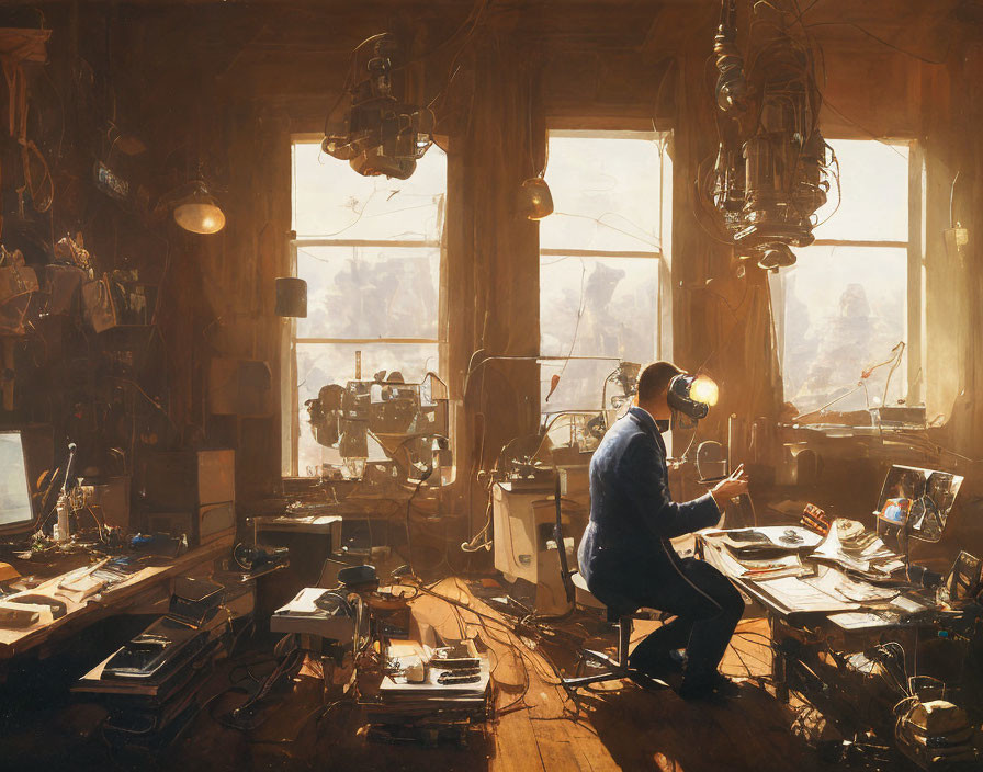 Vintage electronic devices on cluttered desk in sunlit wooden room